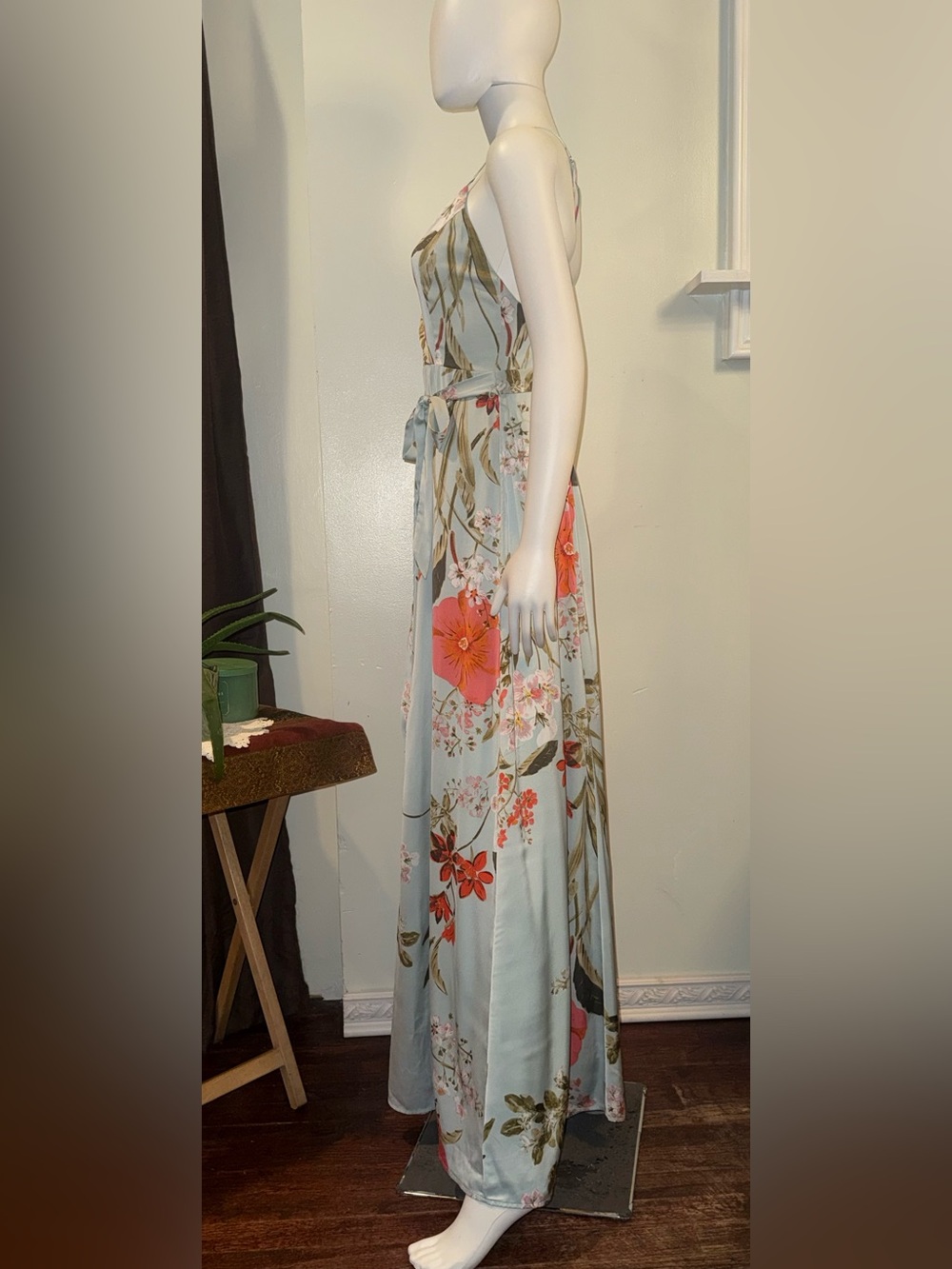 Lulu's Soft Sage Floral Belt Tie Maxi Dress with Coral Accents - Picture 6 of 14